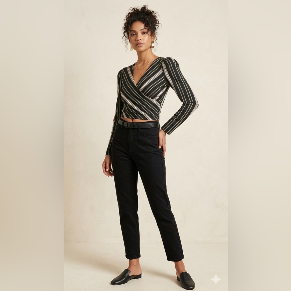 Striped Surplice Wrap Crop Top - Long Sleeve Striped Blouse